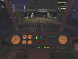 Series 30000 railcar night view from the cab. Note the backlit instruments.